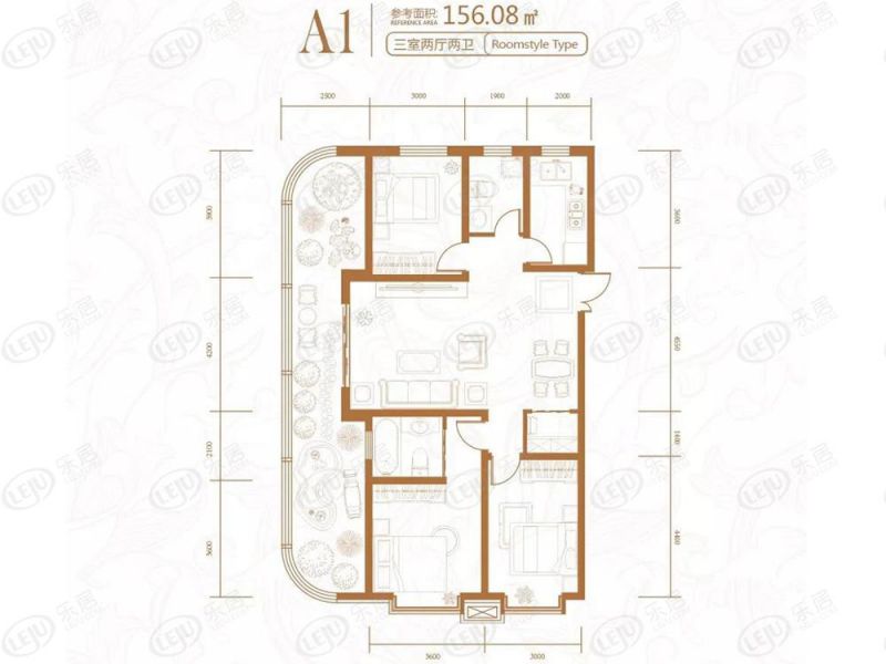 包頭裝修方案名仕花園三室兩廳兩衛(wèi)156.08平方米