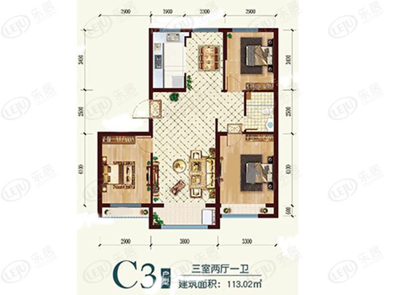 包頭裝修方案住建風景三室兩廳一衛(wèi)113.02平方米