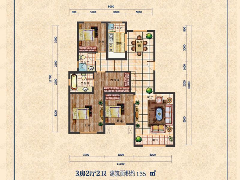 包頭裝修方案中城國際城三室兩廳兩衛(wèi)135平方米